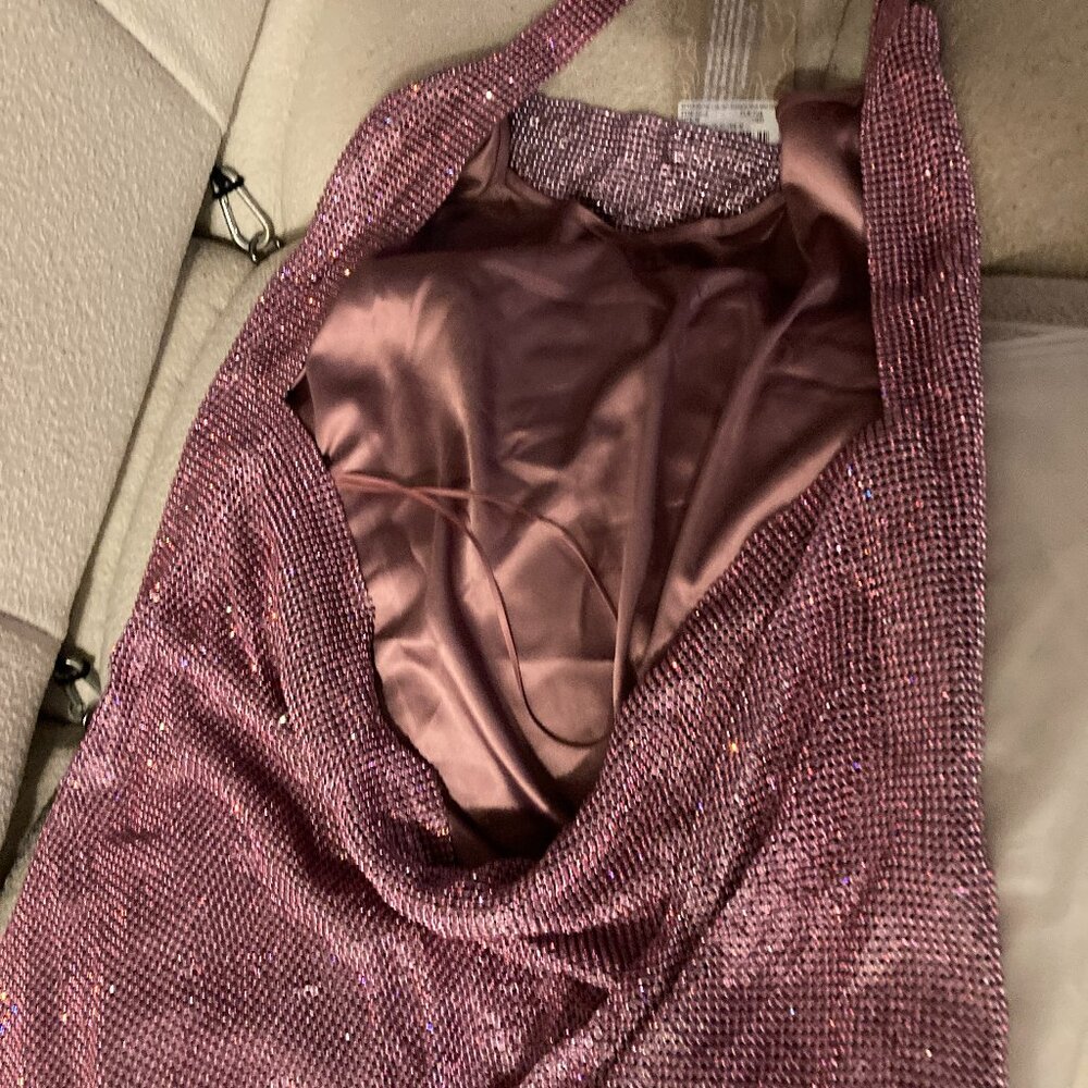 Meshki- Pink Diamante Mesh Halter Mini Dress Low Back Medium - Picture 11 of 12
